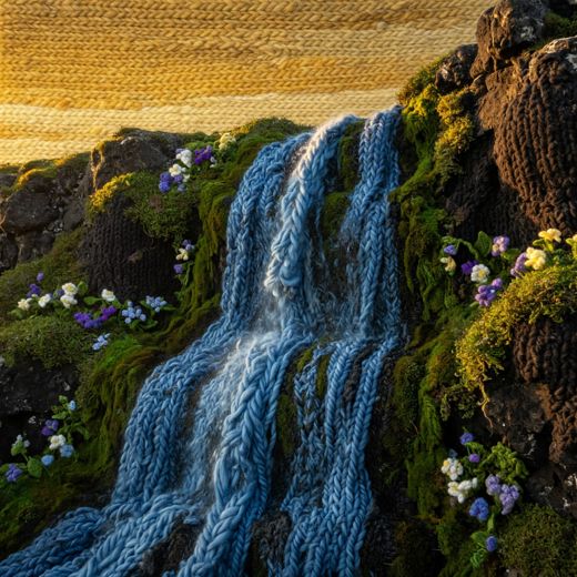 Waterfall With Flowers — free Seasons in Yarn knitted art print