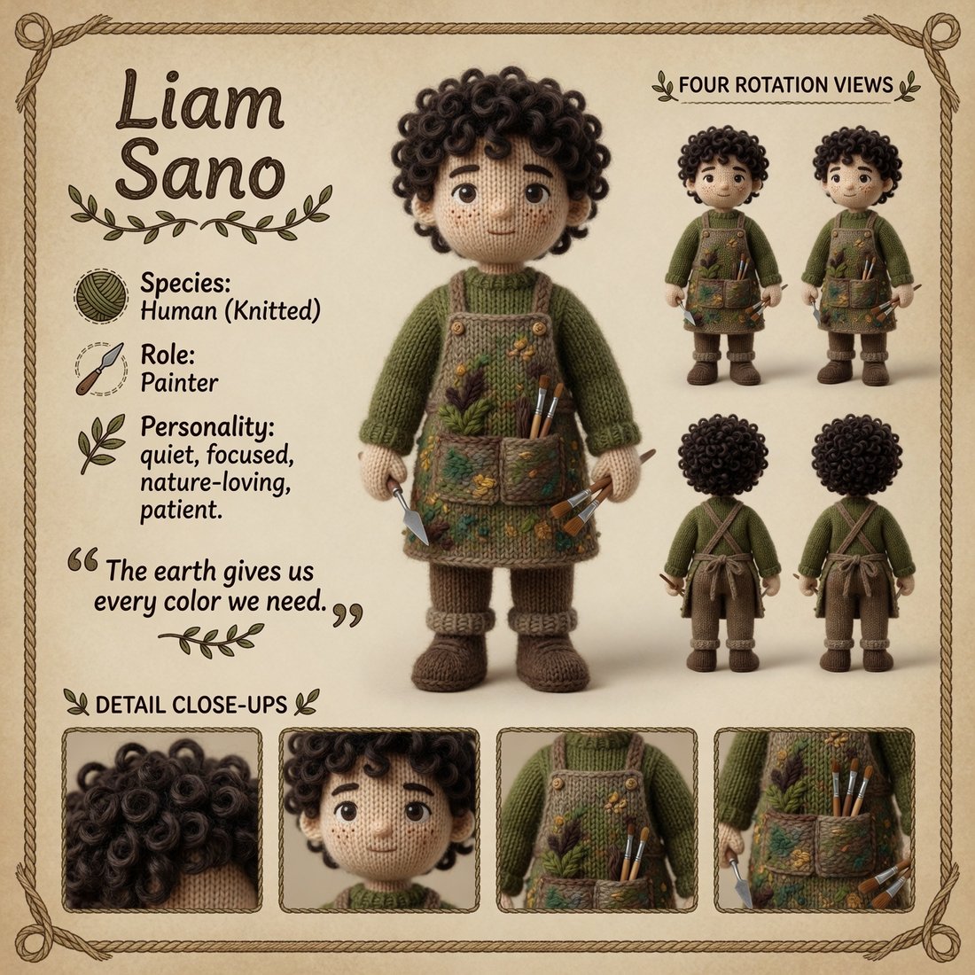 Liam Sano, ARTic Designers knitted painter character reference card