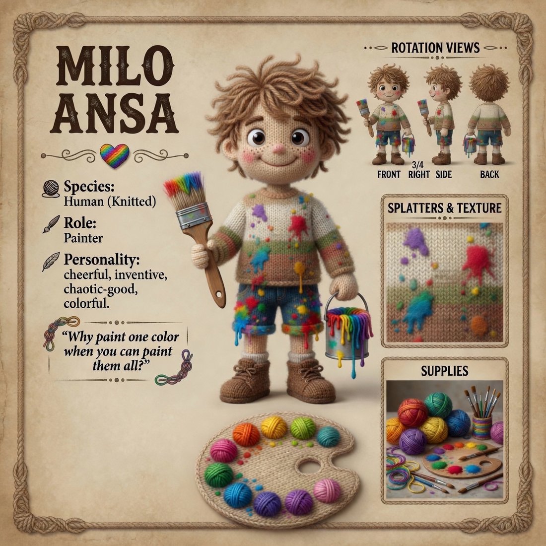 Milo Ansa, ARTic Designers knitted painter character reference card