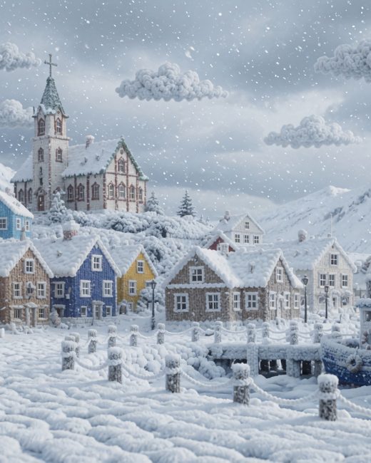 Snowy Harbor Village — free Arctic Story House poster print