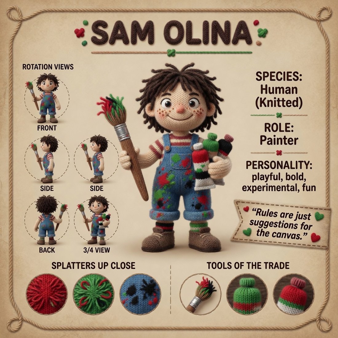 Sam Olina, ARTic Designers knitted painter character reference card